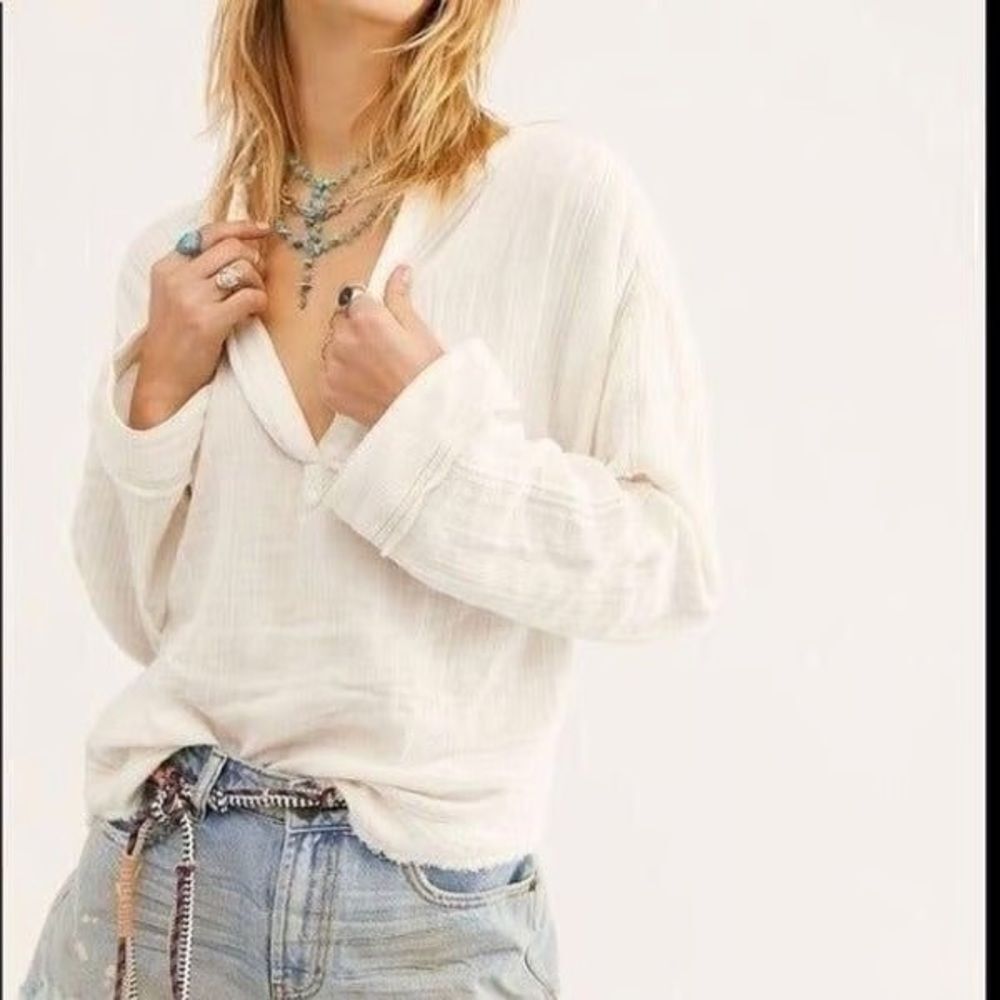 Free People Cream Gauze V-Neck Long Sleeve Blouse